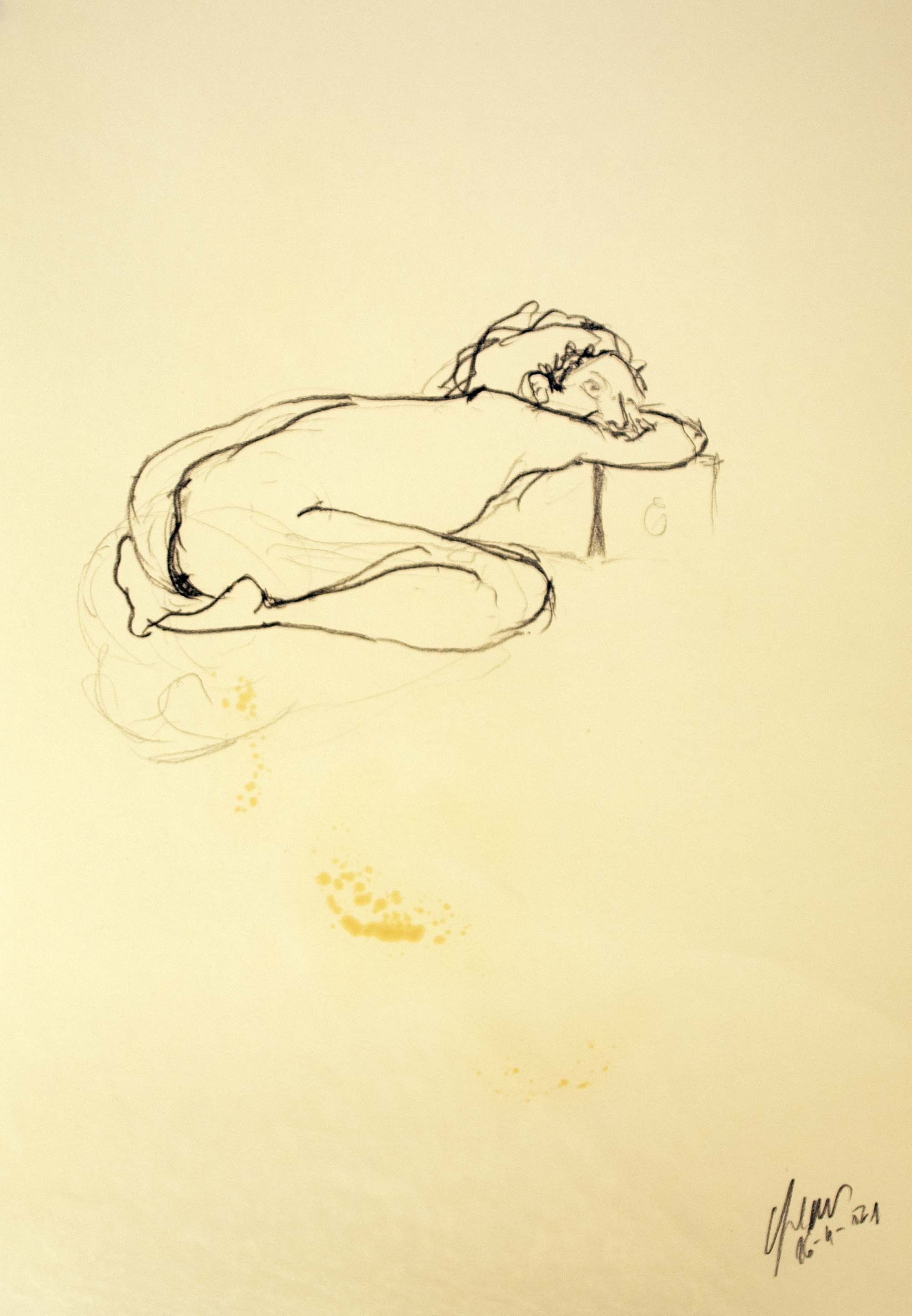 Dona recolzada d'esquenes — Grafit i oli de llinosa sobre paper